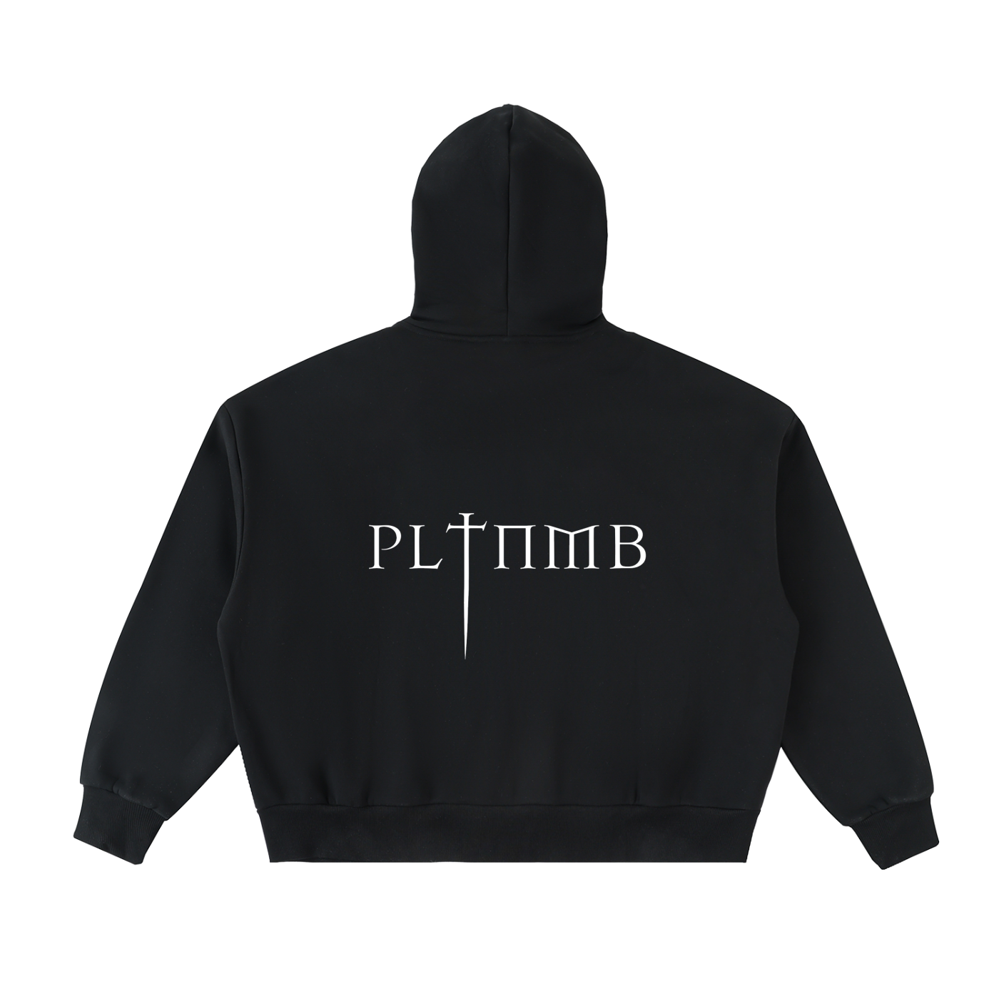 Black hoodie with white text on the back against a white background