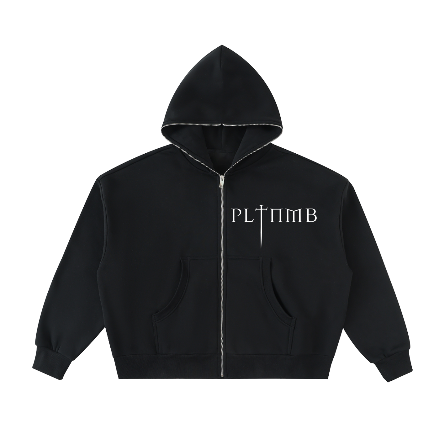 Black hoodie with a logo on a white background