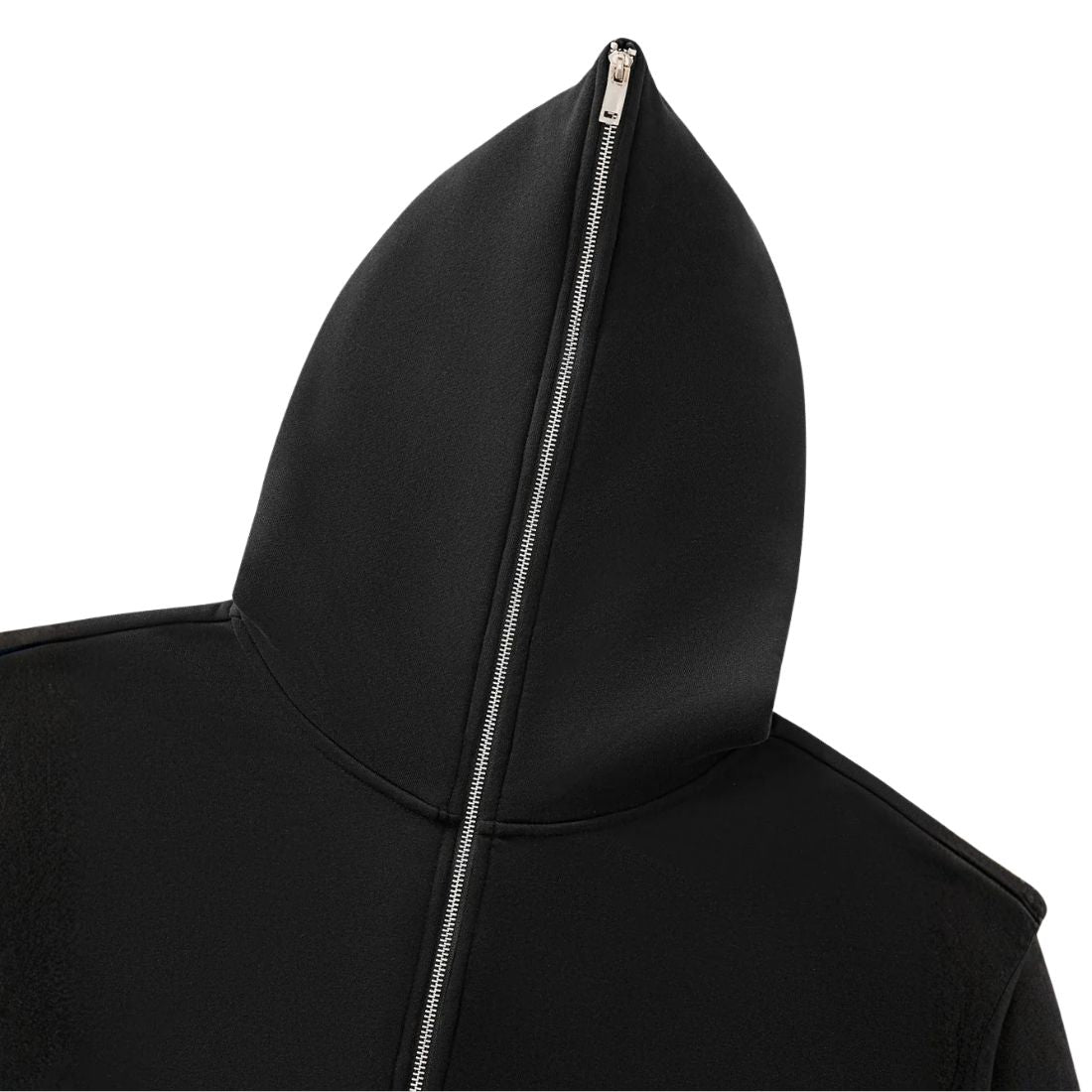 Black hooded jacket with zipper on a white background
